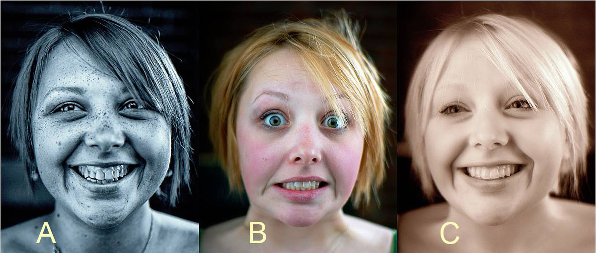 Girl's face in UV, IR, and Visible light