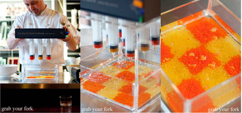 Making of spheres of red and yellow peppers