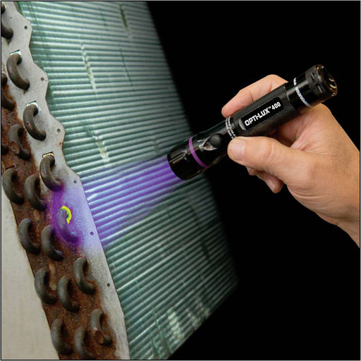 UV dye visible with UV light on condensor