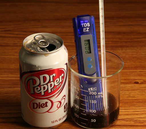 Dr. Pepper being tested with TDS meter