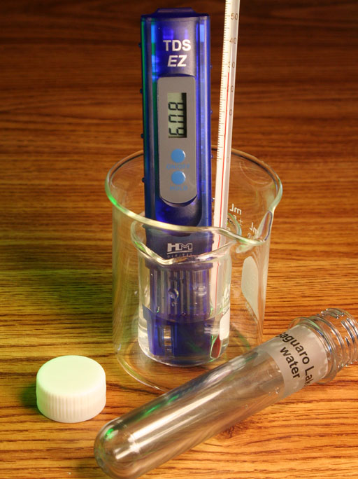 Saguaro lake water in beaker with TDS meter and thermometer
