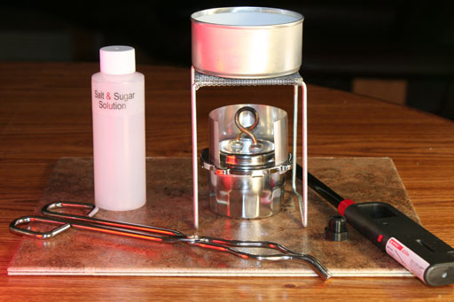 Sugar and salt solution, alcohol burner, lighter, tongs