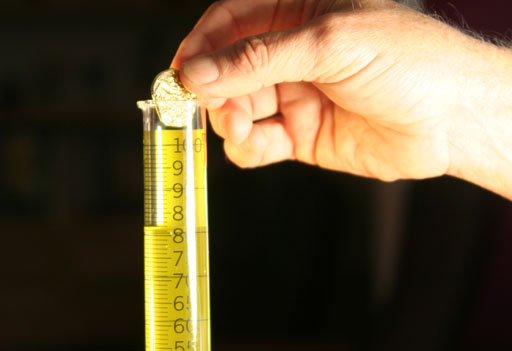 drop coin into graduated cylinder