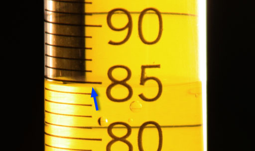 Measuring 100 mL grad cylinder at 84.8 mL