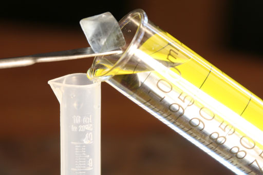 Place stone into graduated cylinder
