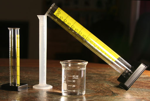 3 graduated cylinders and beaker