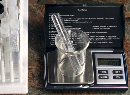 Place empty test tube in beaker and tare the balance