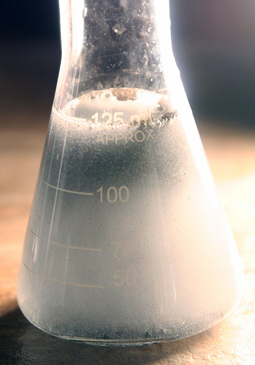 bubbles of oxygen in flask of hydrogen peroxide