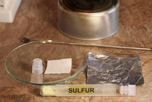 test tube of sulfur, watch glass, aluminum foil, paper towel, spatula