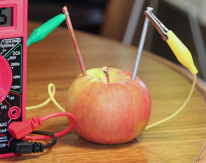 Close up of apple with zinc nail and copper wire in it
