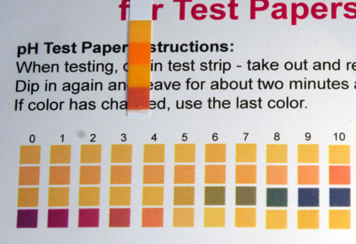 pH test strip on color chart.  Shows pH 3.5