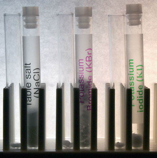 test tubes with sodium chloride, potassium bromide, and potassium iodide