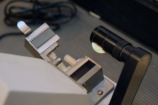 Refractometer opened showing 2 prisms