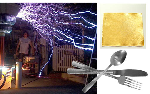 tesla coil, gold foil, spoons